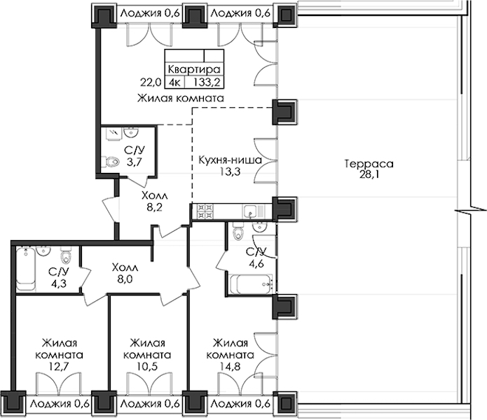 3-комнатная квартира 133.2 м², 8/9 эт., ЖК «Лермонтовский 54»
